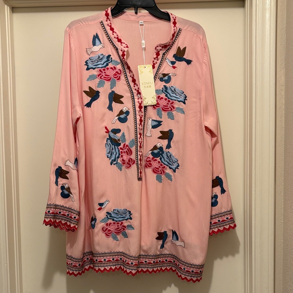 Pink Embroidered Bird & Floral Tunic